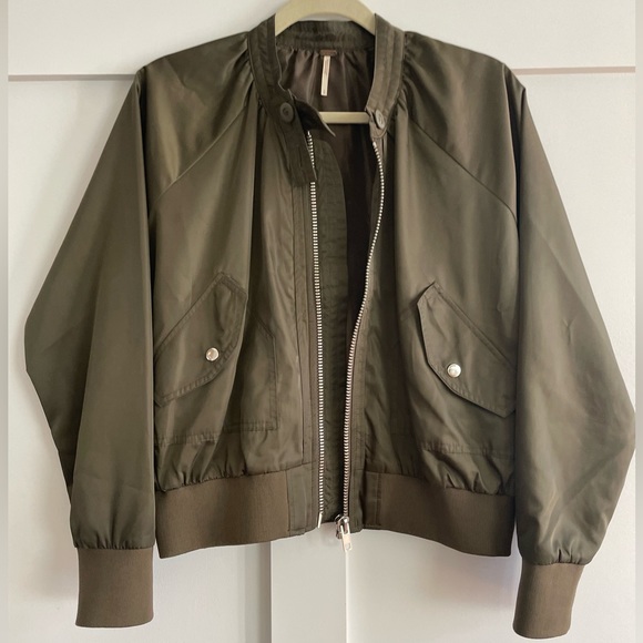 Free People Midnight Bomber Jacket Olive Green Small S Zip Up Front - Picture 2 of 8